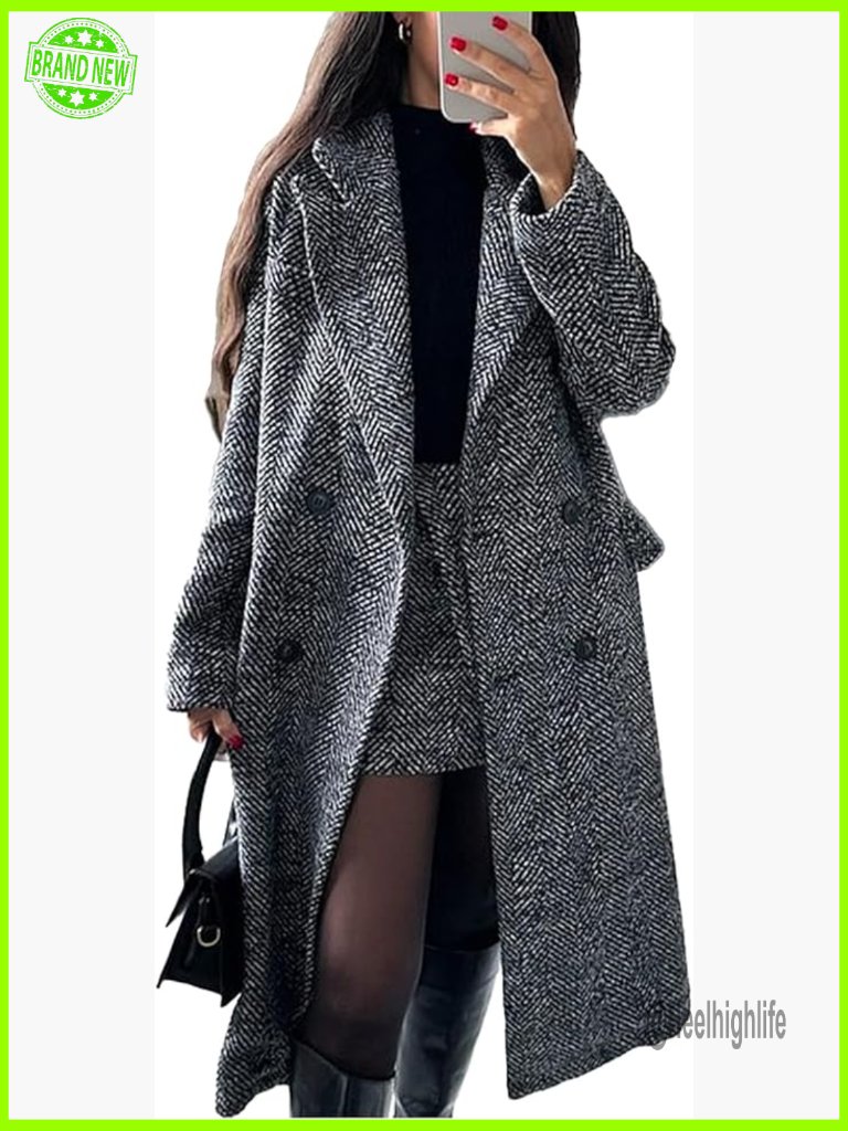 Wool Blend Double Breasted Notch Collar Trench Coat Slim Fit Long Overcoat